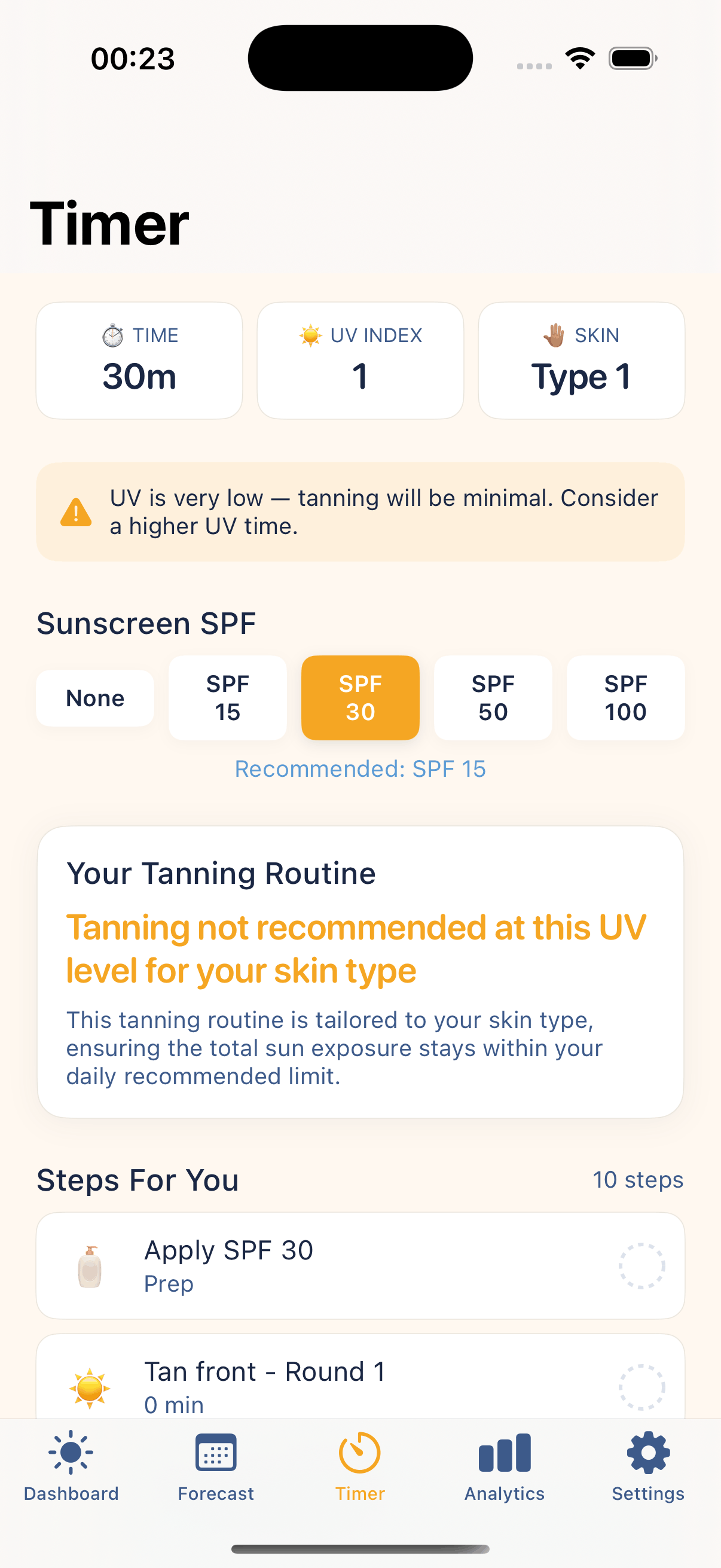 UVwise Smart Timer — step-by-step tanning routine